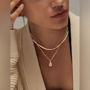 New Double Layer Zirconia Stainless Steel Gold Thread Flat Chain Necklace